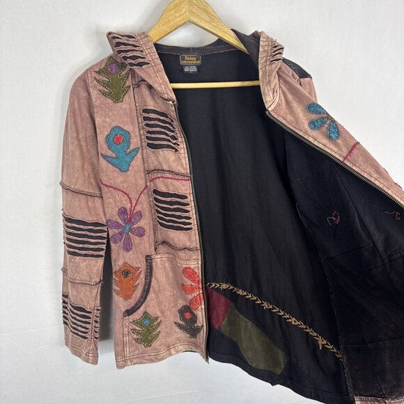 Rising International Boho Patchwork Zip Hoodie Jacket L Nepal Floral Applique - Picture 6 of 6